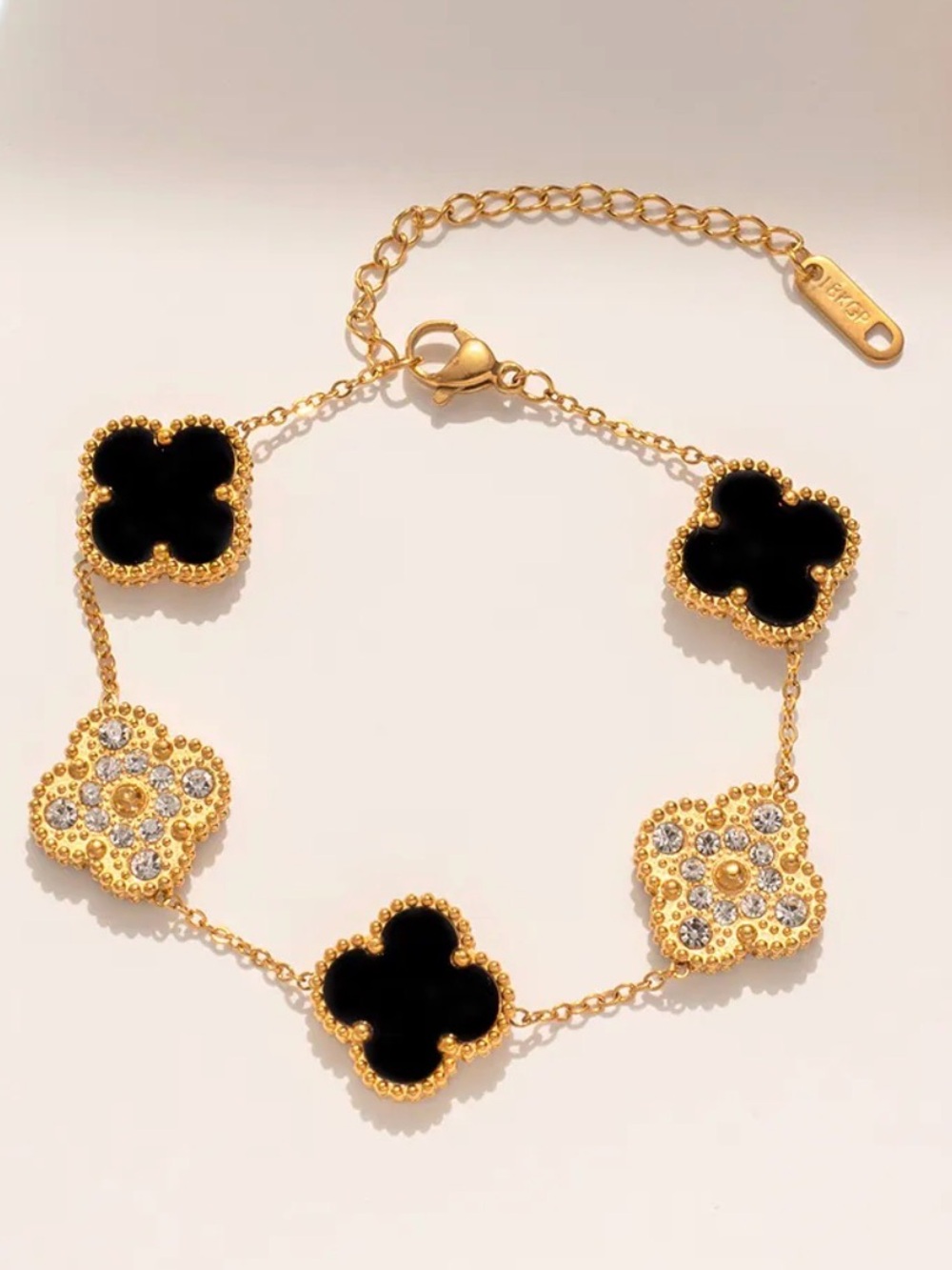 18k Gold Plated Stainless Steel Clover Bracelet with Black and Crystal Accents